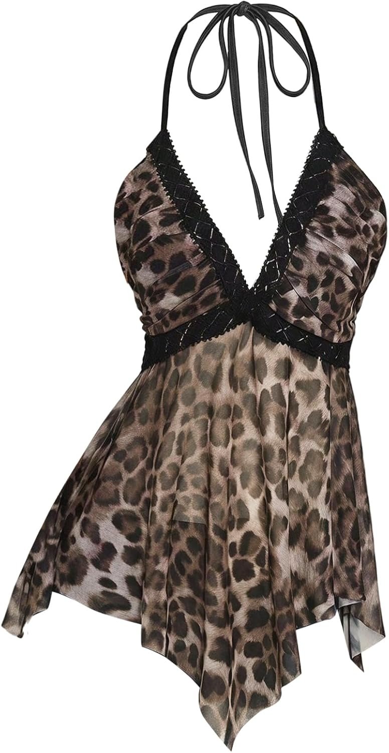 BEAUDRM Women's Y2k Cheetah Print Top Leopard Flowy Halter Going Out Tops - Image 9
