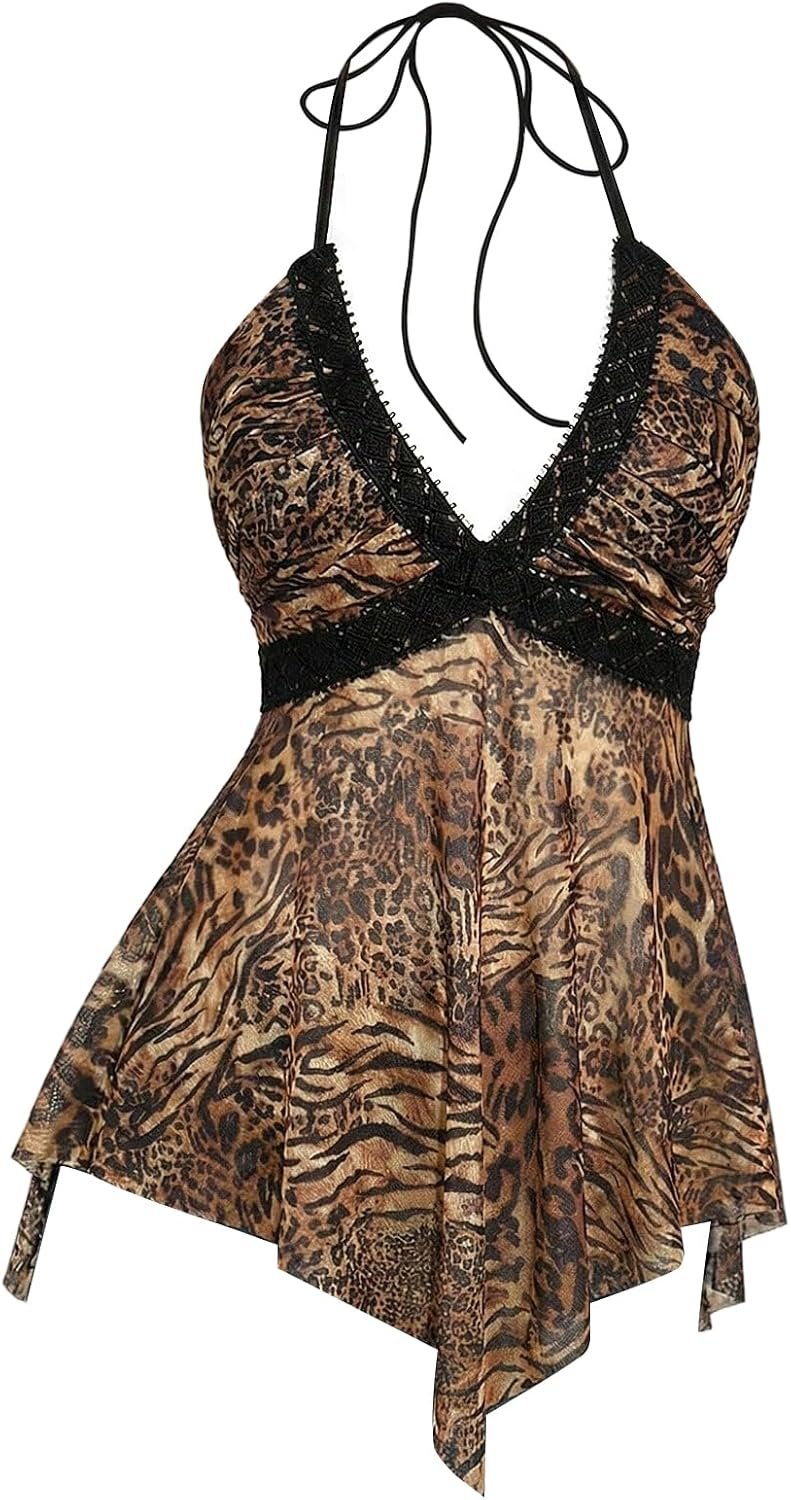 BEAUDRM Women's Y2k Cheetah Print Top Leopard Flowy Halter Going Out Tops