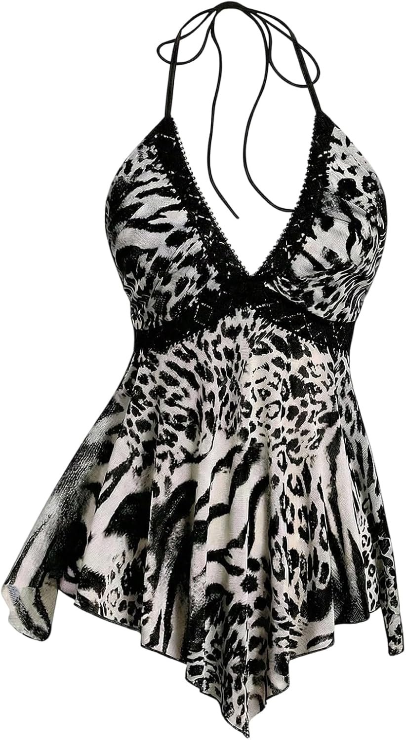BEAUDRM Women's Y2k Cheetah Print Top Leopard Flowy Halter Going Out Tops - Image 10
